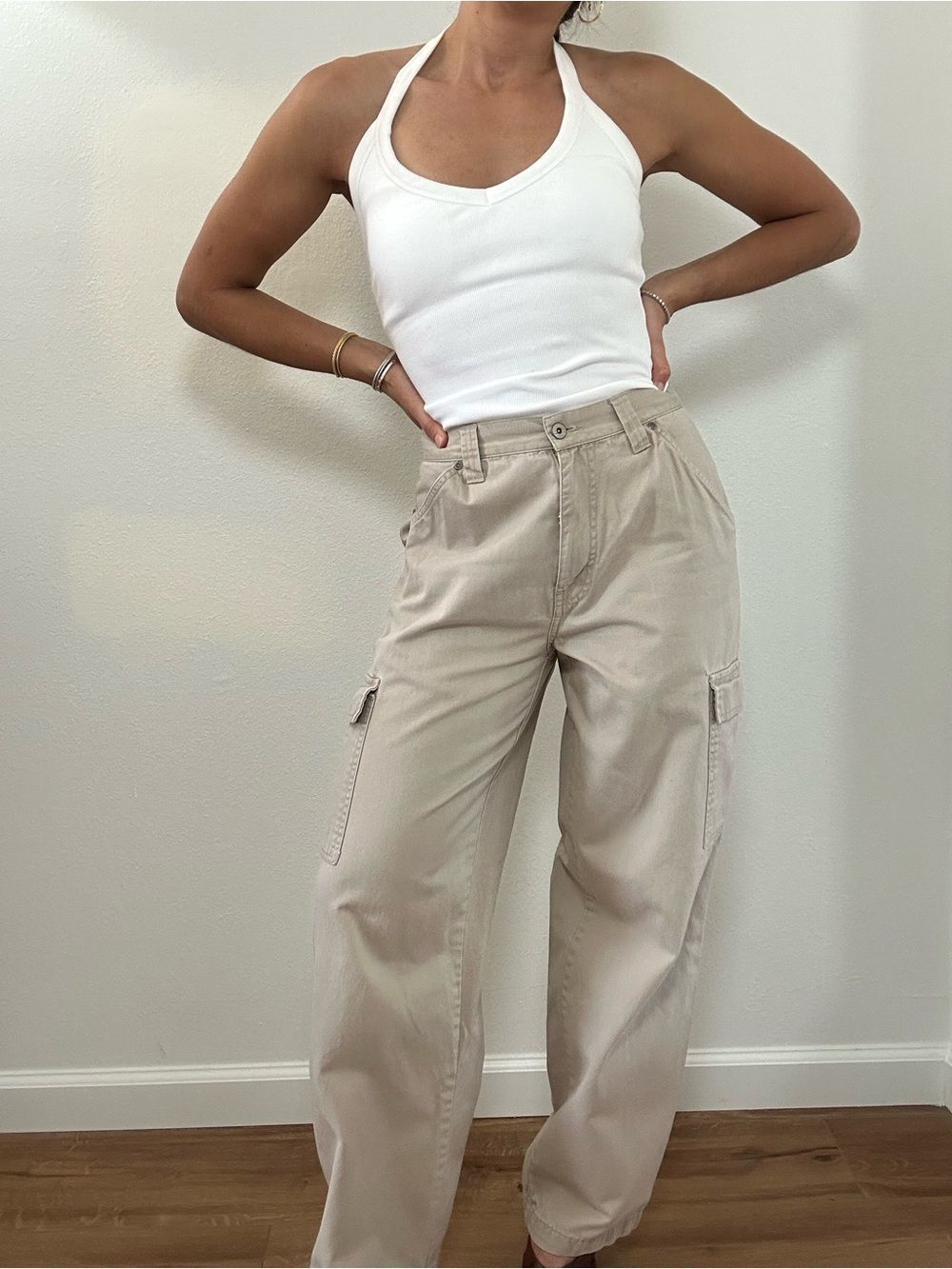 Vintage 90’s Bill Blass Beige Tan Wide Leg Cargo Pants High Rise Size S
